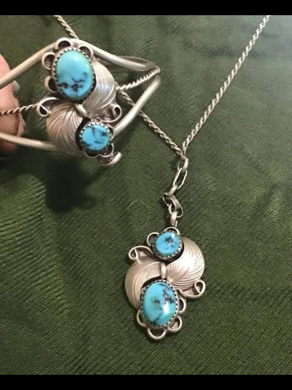 Vintage Navajo Sterling Silver Turquoise Cuff Bracelet & Necklace Signed GJ 925